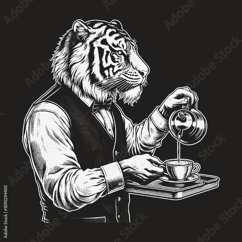 Elegant Tiger Waiter Pouring Coffee: A Vintage Anthropomorphic Illustration.