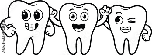 Three happy cartoon teeth with smiling faces and playful expressions