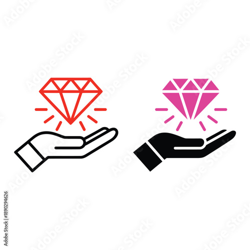 Luxury and value icon with hand holding diamond, linear and silhouette style, elegant jewelry and premium concept illustration for business, wealth, luxury branding and high-end product design.