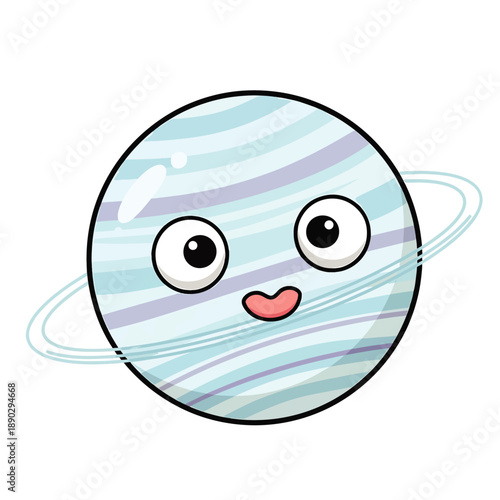 Adorable cartoon illustration of Uranus planet with smiling face and rings against white background