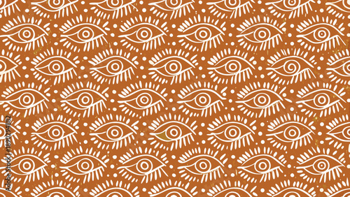 Vibrant orange background with repeating white stylized eye pattern abstract design