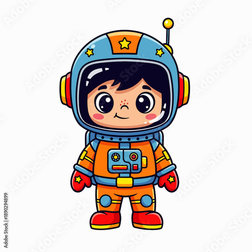 Adorable cartoon illustration of a young astronaut in a vibrant orange spacesuit and helmet