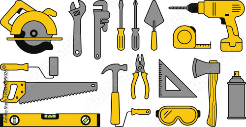 Construction and repair tools vector set featuring saw, drill, wrench, hammer, screwdriver, tape measure, pliers, safety goggles, flat colorful illustrations for diy, workshop