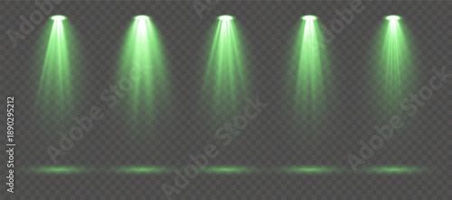 Realistic green spotlight set with intense illumination rays, soft glowing gradients and dramatic beam effects isolated on transparent background perfect for stage scenes, music shows and premium vect