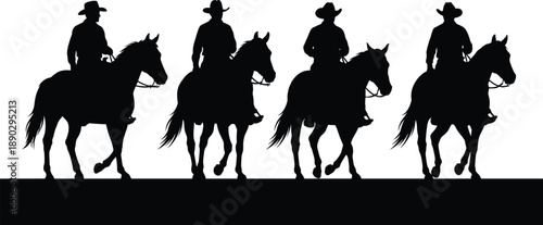 Four cowboy riders on horseback silhouette illustration capturing wild west western lifestyle, equestrian motion and freedom, black and white vector artwork isolated on white background.