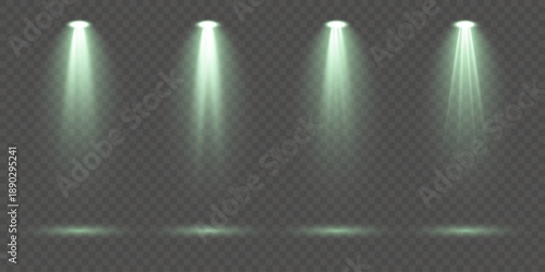 Creative collection of bright green lighting spot sources including stage spotlights, floodlight beams and atmospheric rays isolated on transparent background ideal for concert visuals and abstract ve