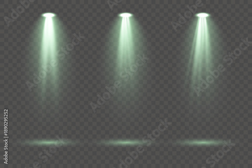 Creative collection of bright green lighting spot sources including stage spotlights, floodlight beams and atmospheric rays isolated on transparent background ideal for concert visuals and abstract ve
