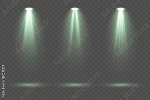Set of green spotlights with powerful illumination beams and diffused radiant rays isolated on transparent background perfect for dramatic stage lighting design, presentation highlights and profession