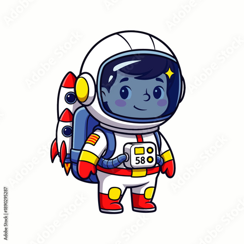 Adorable cartoon astronaut with a rocket pack smiling in a clean, isolated illustration