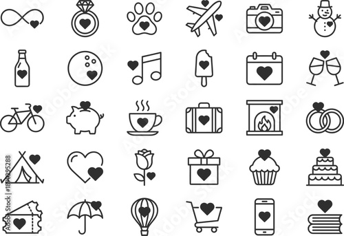 Love and lifestyle line icon set featuring travel, wedding, food, pets, music, shopping, romance symbols with heart elements, minimal vector illustrations isolated on white background