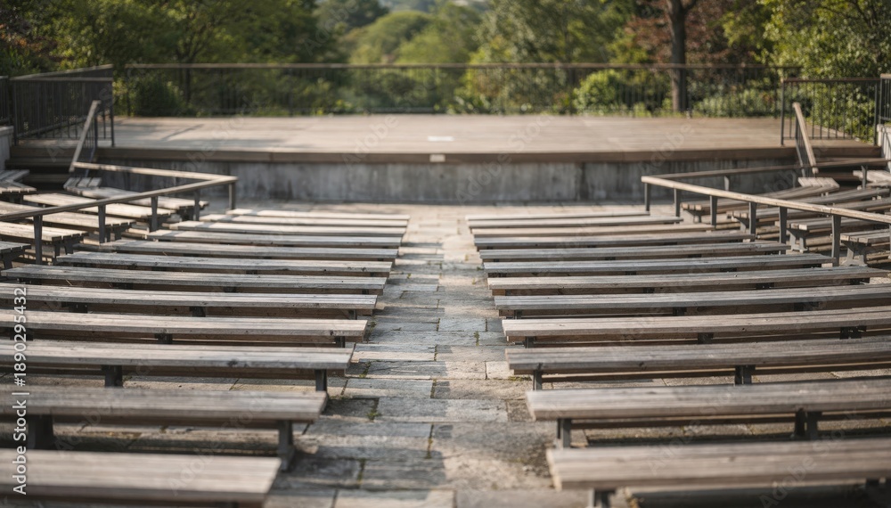 Obraz premium Focused medium shot of an empty amphitheater with tiered seats bathed in soft daylight highlighting details of the stage and natural surroundings out of focus.