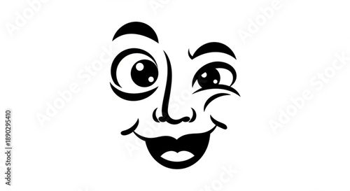 A black and white illustration of a cartoon face with a wide smile and expressive eyes