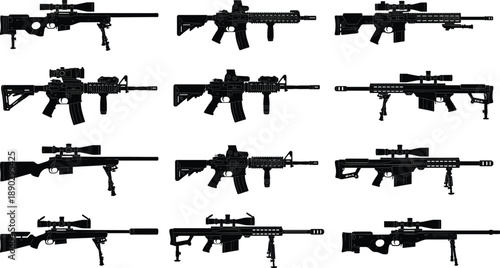 Modern rifle and firearm silhouette collection featuring sniper and assault weapons, black and white illustrations isolated on white background for military, security and design projects.