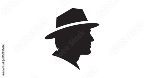 A black silhouette of a man wearing a hat is viewed from the side in a minimalist illustration.