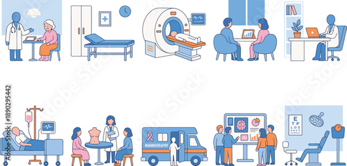 Modern healthcare medical clinic illustration set featuring doctor consultation, MRI scan, patient care, diagnostics, mammography, hospital rooms, treatment procedures, flat vector design for medicine
