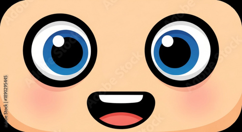 A cute cartoon face with big blue eyes and a cheerful expression