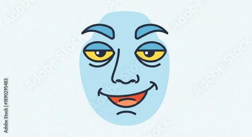 A cartoonish light blue face with yellow eyes and orange lips on a light blue background smiling playfully