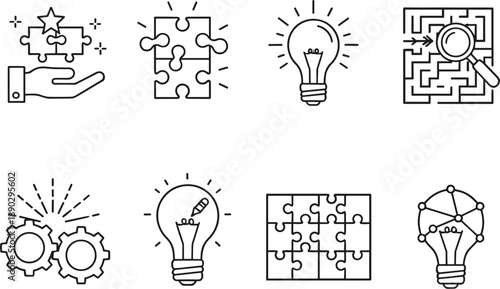 Professional vector icons for creativity problem solving strategic innovation business brainstorming and technical idea generation branding.