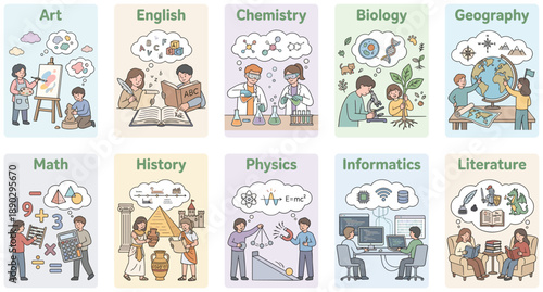 School subjects education illustration set featuring art, english, chemistry, biology, geography, math, history, physics, informatics, literature classroom activities