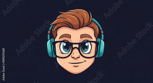 Cartoon man with brown hair and blue eyes wearing teal headphones and black glasses on a dark background with a subtle smile