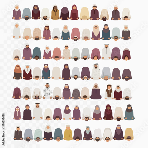 Diverse group of people wearing traditional Middle Eastern clothing standing in rows