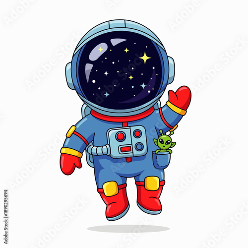 Adorable cartoon astronaut waving hello with a friendly alien companion in a pocket vector illustration
