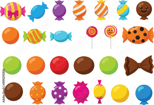 Professional vector collection of colorful candies lollipops chocolates and wrapped sweets for confectionery and party branding.