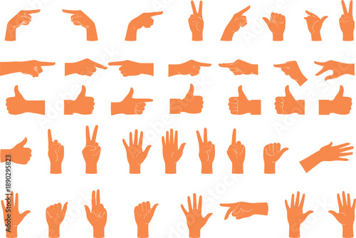 Professional vector collection of orange hand gestures sign language positions and human interaction communication branding.