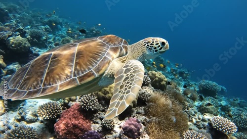 Wallpaper Mural Sea turtle swimming above coral reef with colorful coral and small fish clear blue water peaceful marine life scene with sunlight filtering through water green sea turtle swimming over coral reef Torontodigital.ca