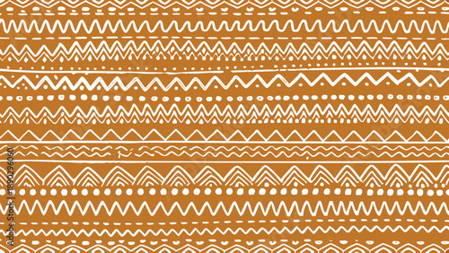 Vibrant orange background with intricate white yellow and pink patterns and zigzag lines for design and decoration purposes