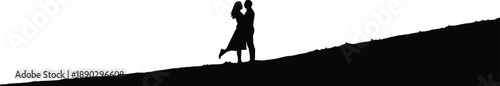 Couple Silhouette Love Romance Embrace Hug Together Relationship Valentine Romantic Sunset Horizon Hill Landscape Minimal Black White Vector Illustration