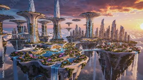 Sweeping aerial view of an enormous sprawling utopian city suspended in the atmosphere during a vibrant golden hour sunset movement, majestic, highaltitude