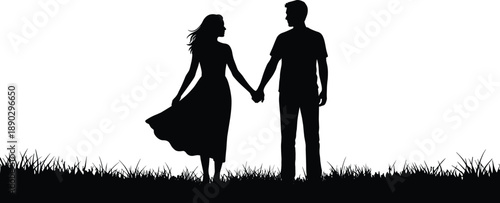 Couple Silhouette Love Romance Holdinghands Walking Together Grass Field Outdoors Dating Relationship Connection Trust Harmony Evening Minimal Vector Illustration