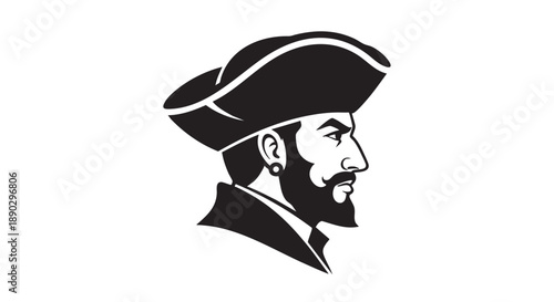 Detailed black and white illustration of a man wearing a tricorn hat, side view, historical figure, portrait, classic style