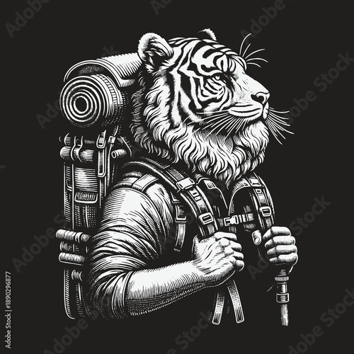 Tiger Trekker: A Detailed Illustration of a Hiking Tiger.