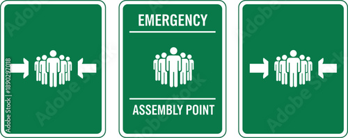 Emergency Assembly Point Safety Sign Evacuation Meeting Area People Group Symbol Green Direction Arrow Guidance Workplace Protection Vector Illustration