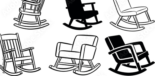 Black and white flat design rocking chair icons set with different seat shapes and armrest styles collection