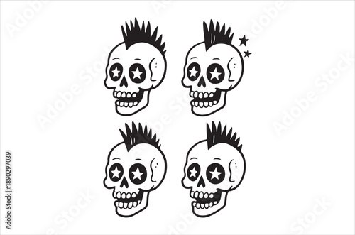 Four black and white skull illustrations with mohawks and stars arranged in a symmetrical pattern