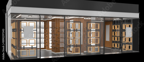 Fotografie Modern realistic glass storefront with wooden display cases and blank hanging signs