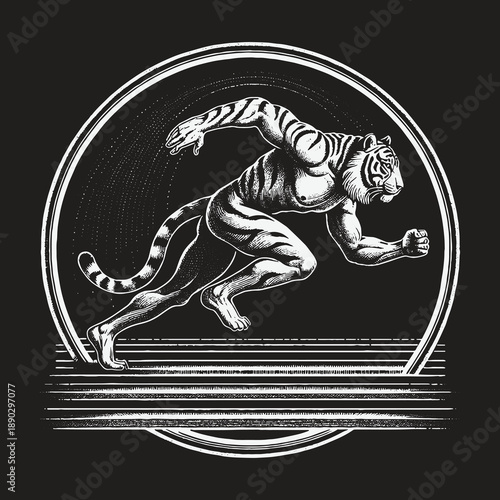 Tiger Man Hybrid Sprinting with Determination in a Retro Circle.
