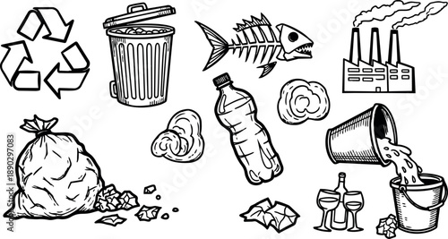 Hand drawn vector art set of pollution trash waste recycling symbols bottles factory smoke fishbone illustrating environmental contamination