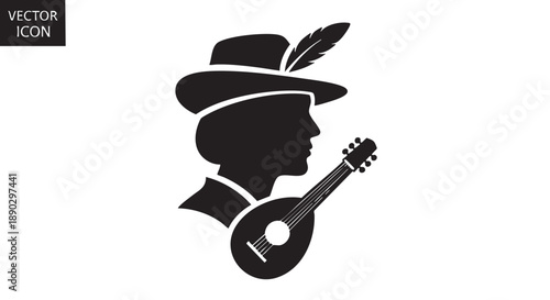 Man wearing hat and holding mandolin in profile view illustration