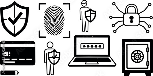 Black and white cybersecurity vector icons including fingerprint scan, laptop password, shield protection, safe, credit card security symbols