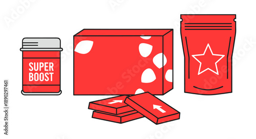 Super boost supplement packaging displaying various product containers