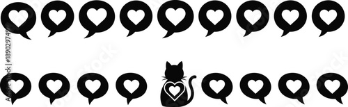 Love Heart Chat Bubble Speech Message Icon Symbol Romantic Social Media Like Notification Cute Cat Silhouette Black Minimal Vector Design