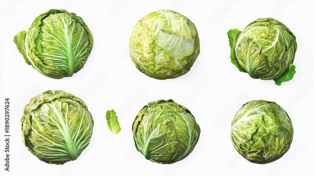 Fototapeta premium Six fresh green cabbages arranged in a grid pattern on a white background.