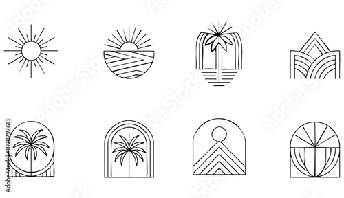 Bohemian linear logos, icons and symbols, sun, palms, landscapes design templates, geometric abstract design elements. Modern minimalist Boho style for social media posts, stories, art ... See More
