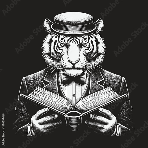 Tiger Gentleman Reading: A Detailed Black and White Illustration.