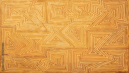 Intricate golden maze pattern with geometric shapes and lines on textured surface background