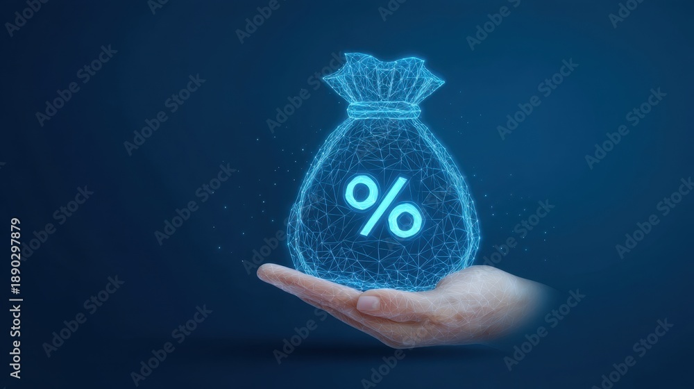 Obraz premium Abstract Digital Hand Holding Money Bag with Percentage Sign, Symbolizing Finance and Investment Concepts